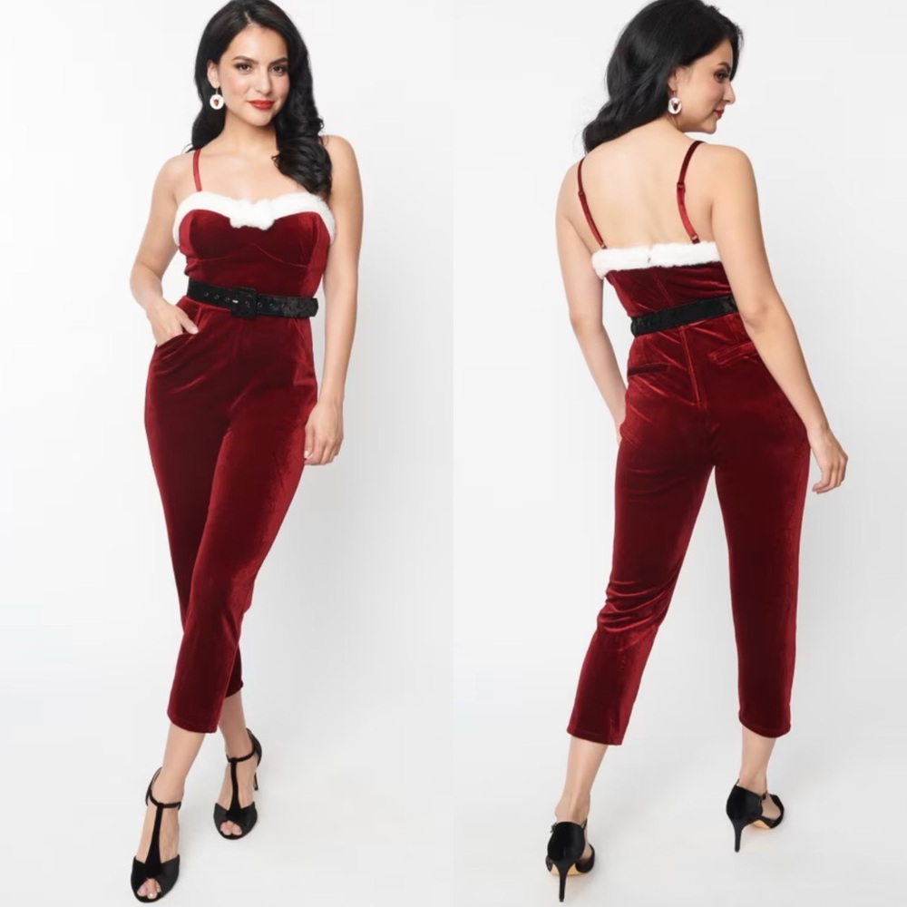 Unique Vintage Wine
Red Velvet & White
Faux Fur Cropped
Jumpsuit